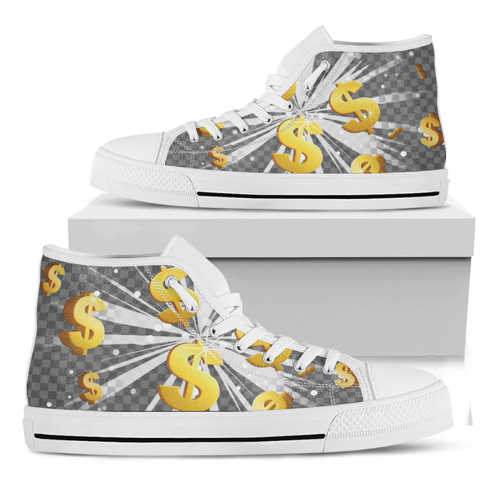Golden Dollar Sign Explosion Print White High Top Shoes
