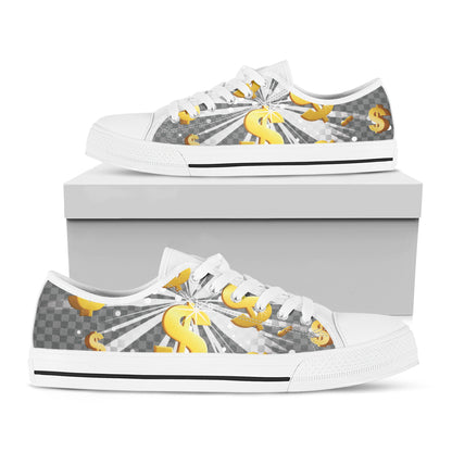 Golden Dollar Sign Explosion Print White Low Top Shoes