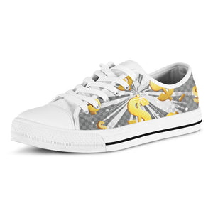 Golden Dollar Sign Explosion Print White Low Top Shoes