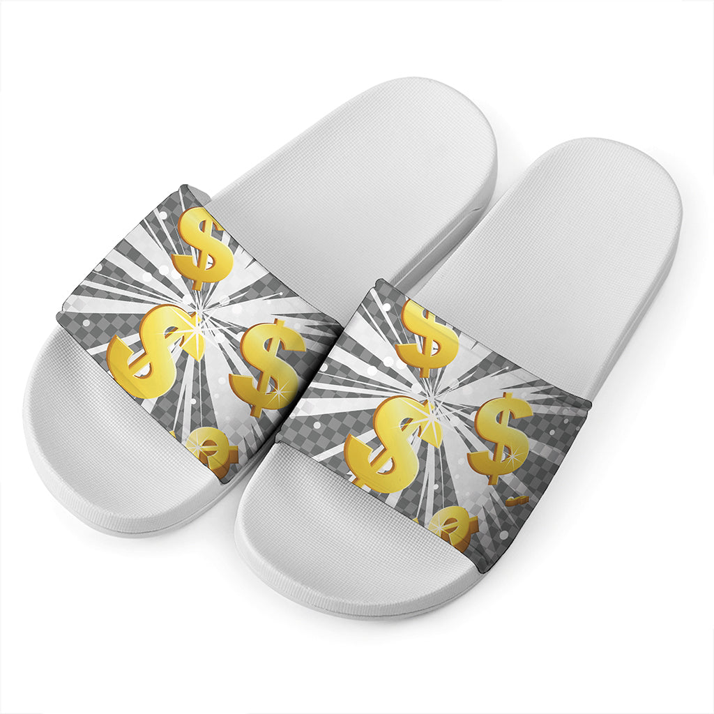 Golden Dollar Sign Explosion Print White Slide Sandals