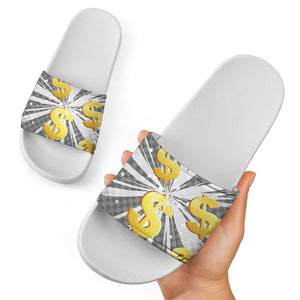 Golden Dollar Sign Explosion Print White Slide Sandals