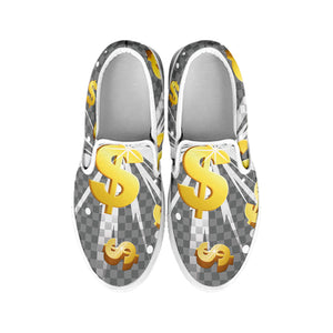 Golden Dollar Sign Explosion Print White Slip On Shoes