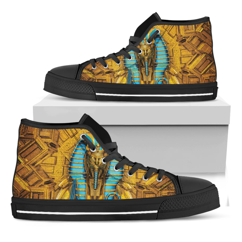 Golden Egyptian Pharaoh Print Black High Top Shoes