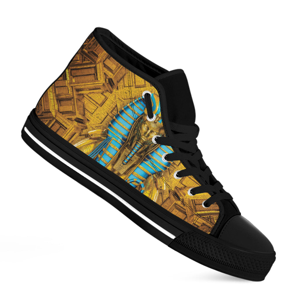 Golden Egyptian Pharaoh Print Black High Top Shoes