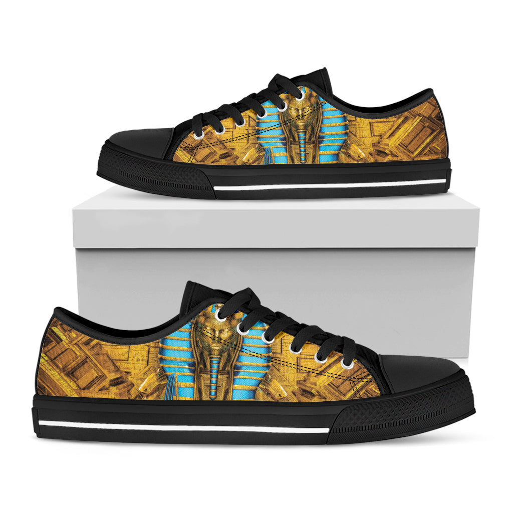 Golden Egyptian Pharaoh Print Black Low Top Shoes