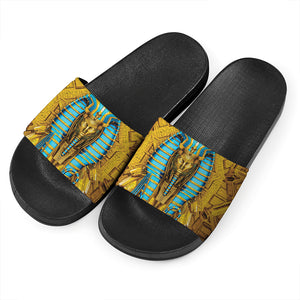 Golden Egyptian Pharaoh Print Black Slide Sandals