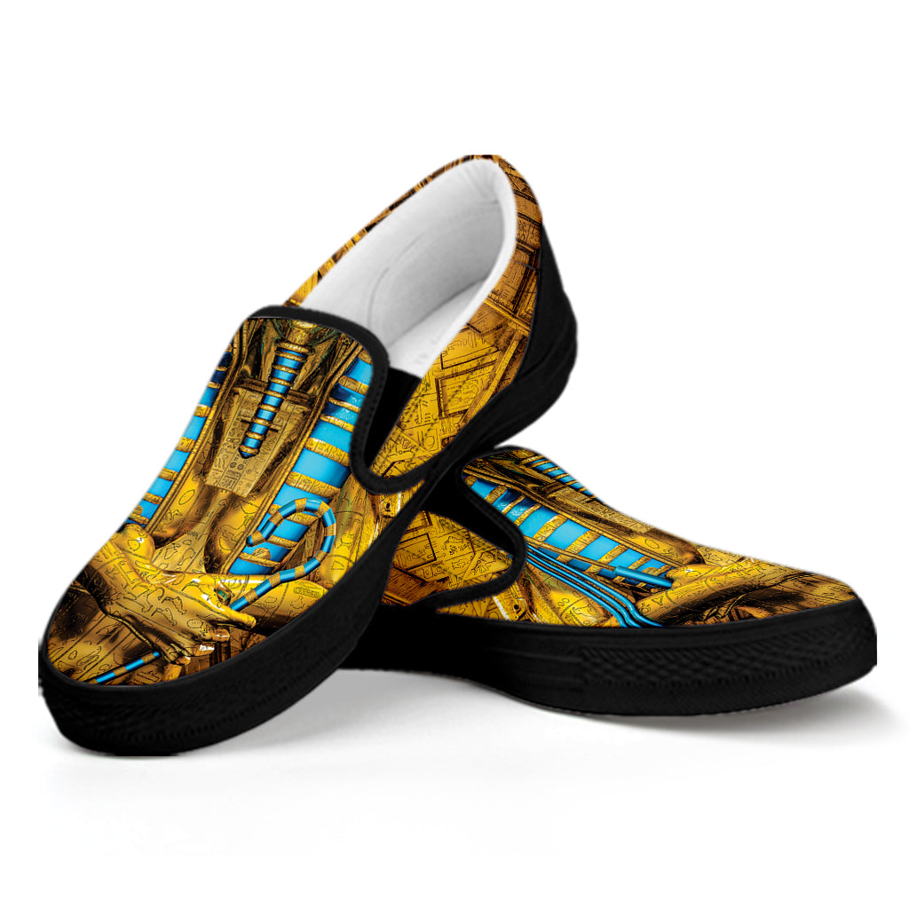Golden Egyptian Pharaoh Print Black Slip On Shoes