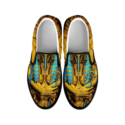 Golden Egyptian Pharaoh Print Black Slip On Shoes