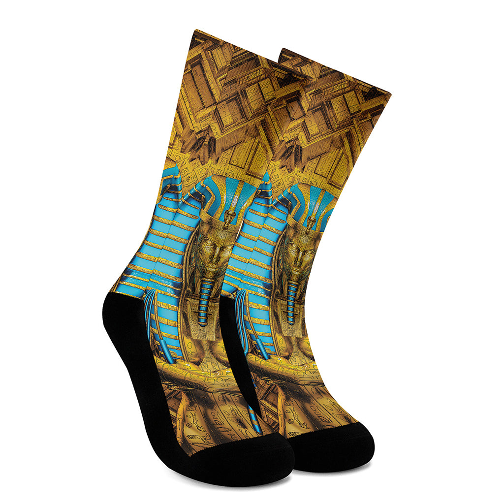 Golden Egyptian Pharaoh Print Crew Socks