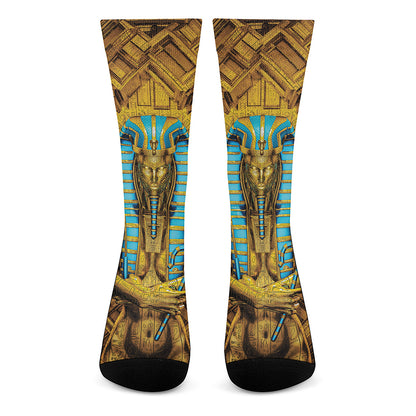 Golden Egyptian Pharaoh Print Crew Socks