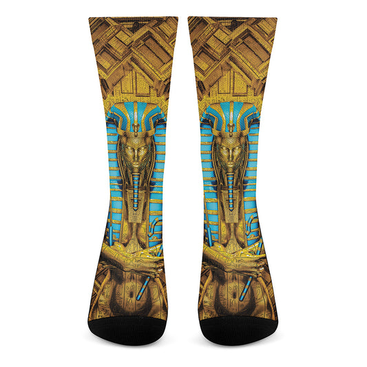 Golden Egyptian Pharaoh Print Crew Socks