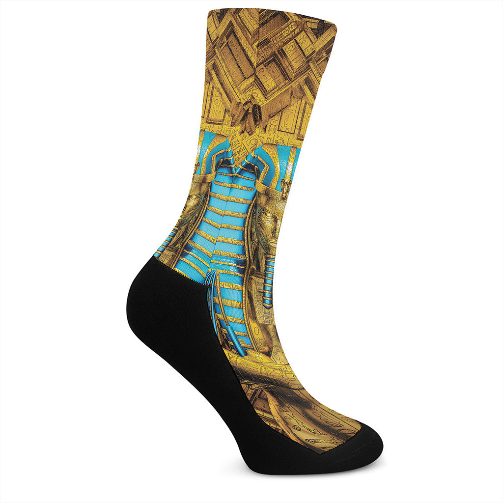 Golden Egyptian Pharaoh Print Crew Socks