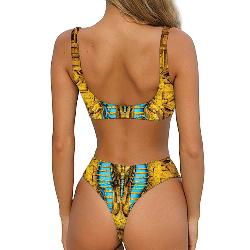 Golden Egyptian Pharaoh Print Front Bow Tie Bikini