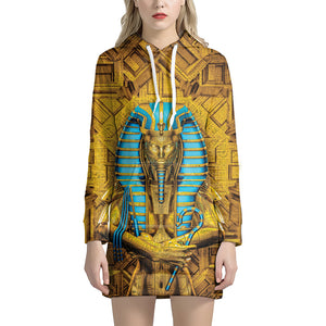 Golden Egyptian Pharaoh Print Hoodie Dress