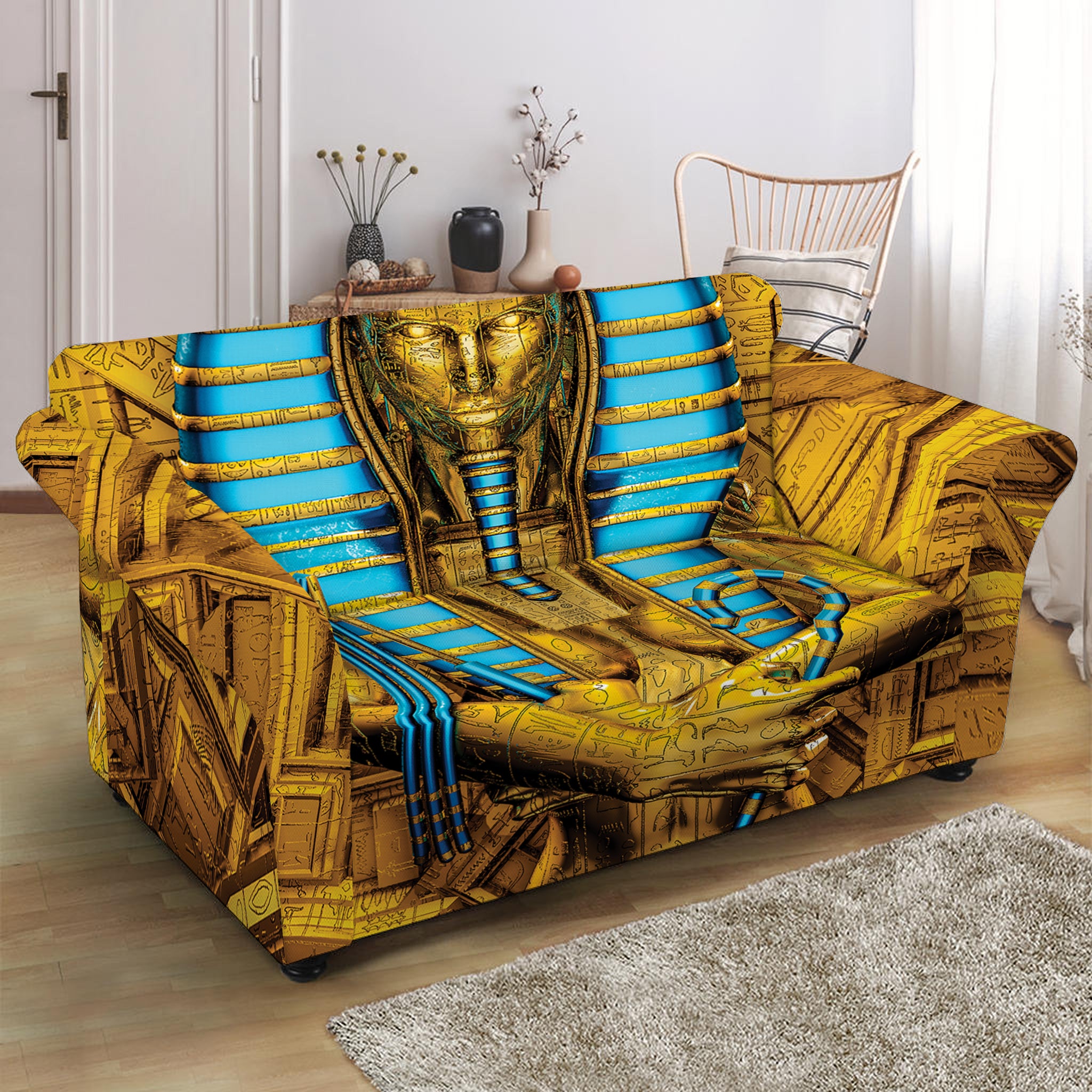 Golden Egyptian Pharaoh Print Loveseat Slipcover