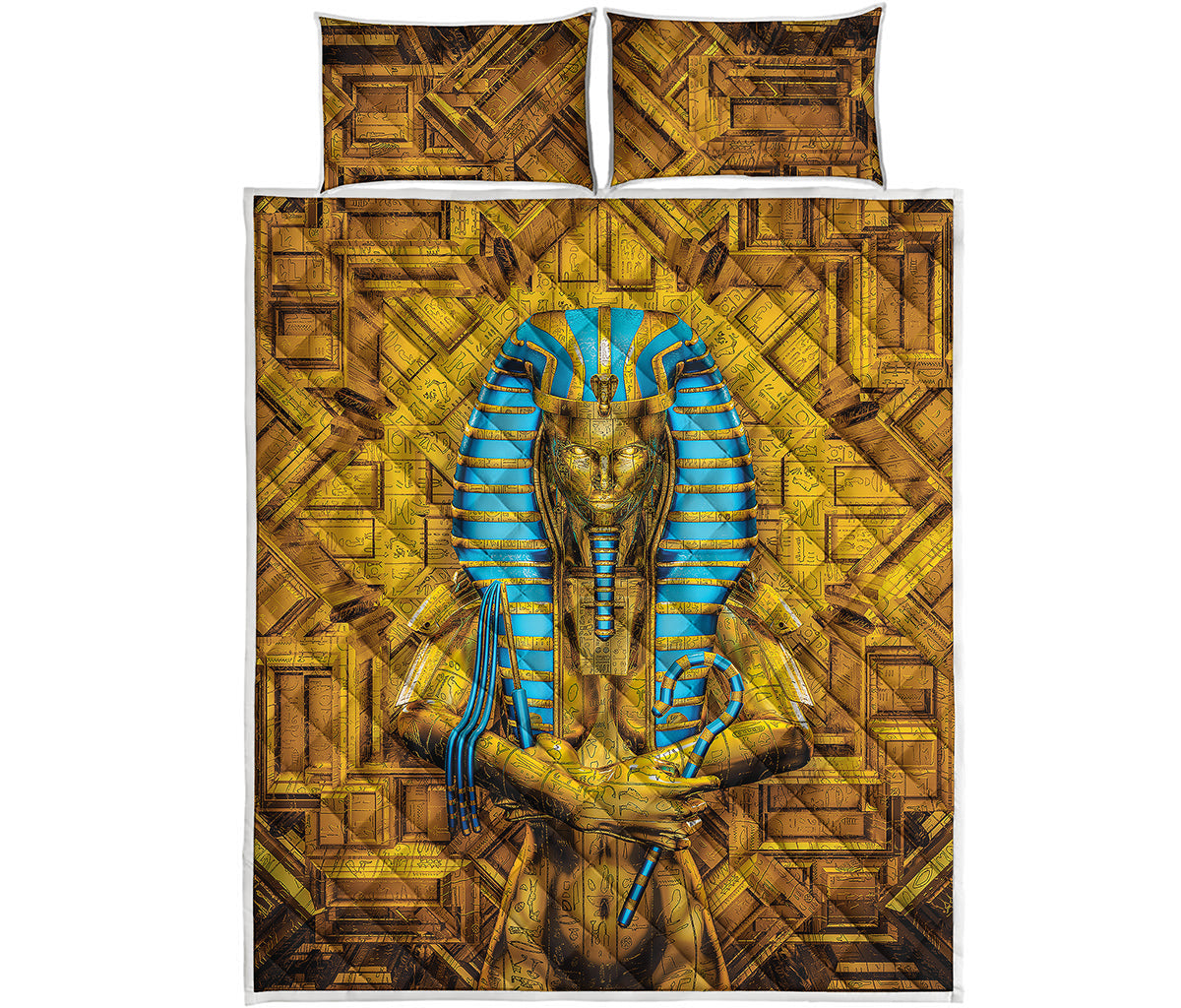 Golden Egyptian Pharaoh Print Quilt Bed Set