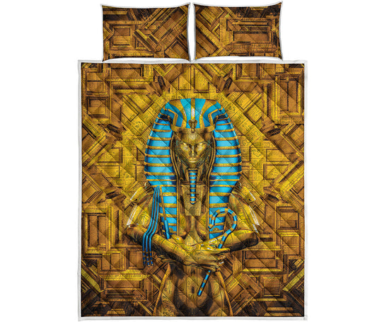 Golden Egyptian Pharaoh Print Quilt Bed Set