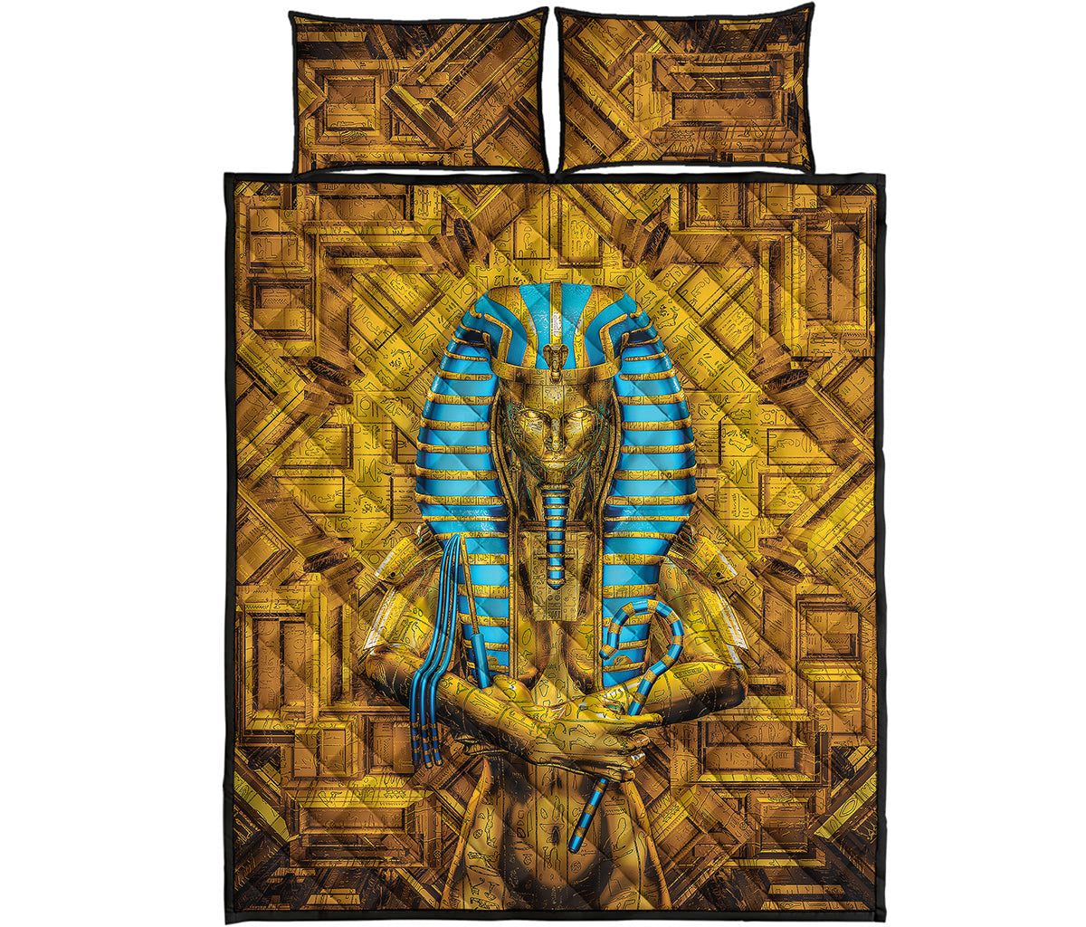 Golden Egyptian Pharaoh Print Quilt Bed Set