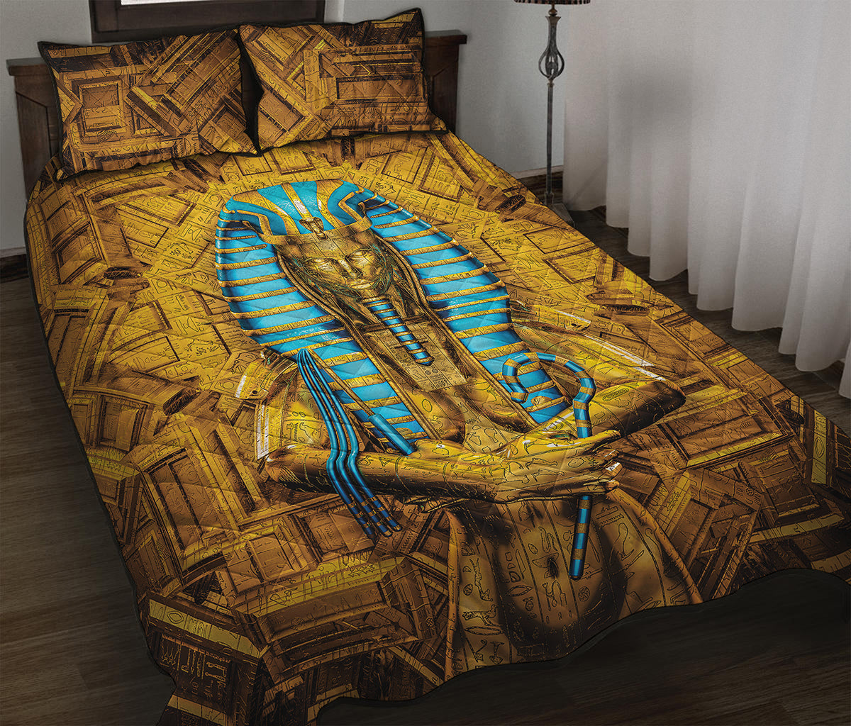 Golden Egyptian Pharaoh Print Quilt Bed Set