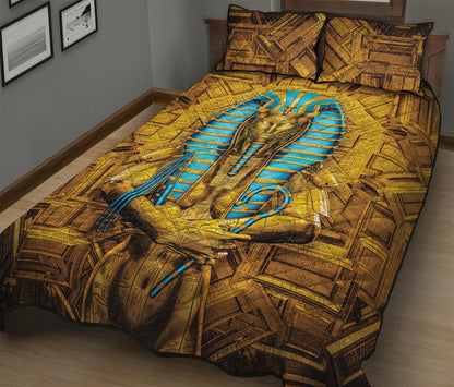 Golden Egyptian Pharaoh Print Quilt Bed Set