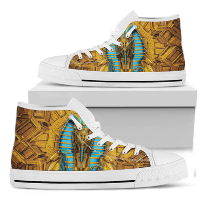 Golden Egyptian Pharaoh Print White High Top Shoes
