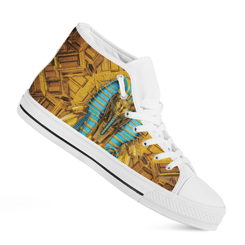 Golden Egyptian Pharaoh Print White High Top Shoes