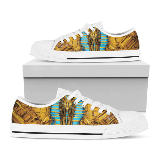 Golden Egyptian Pharaoh Print White Low Top Shoes
