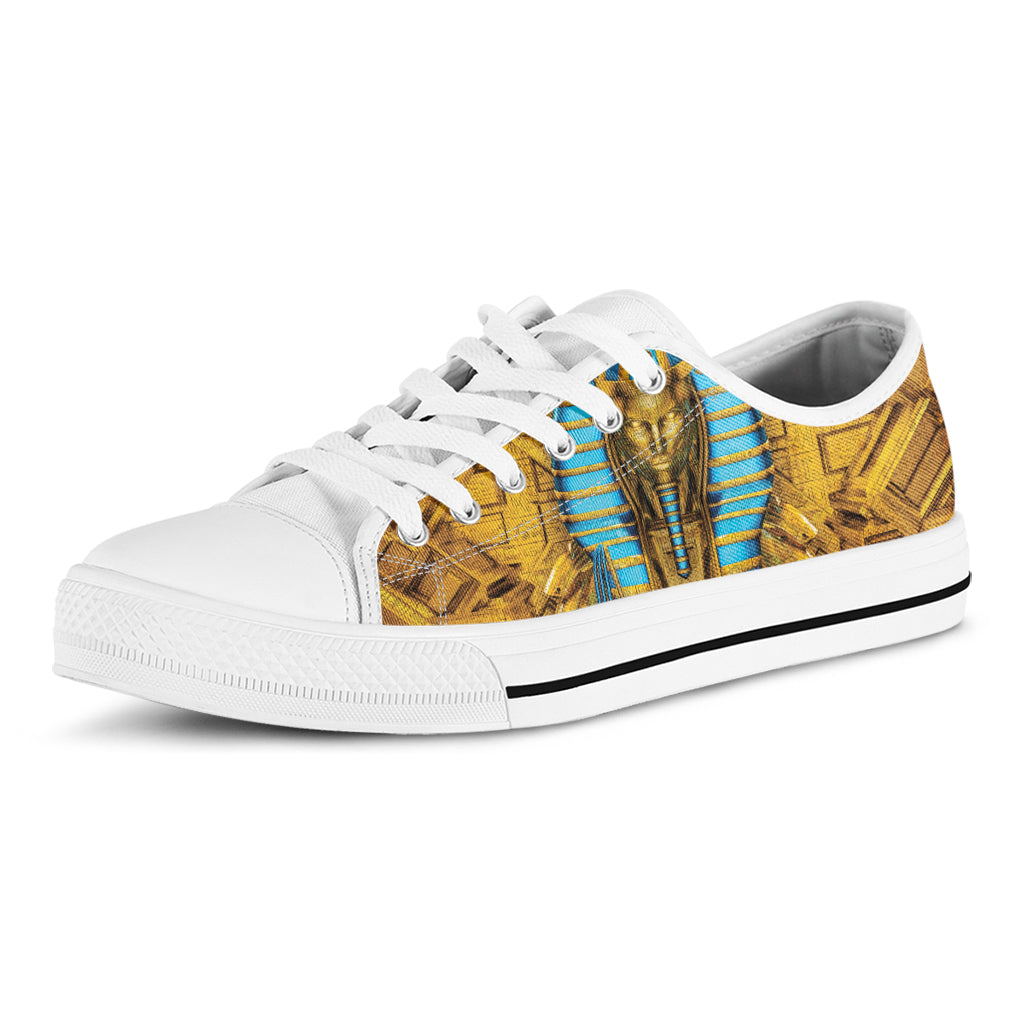 Golden Egyptian Pharaoh Print White Low Top Shoes