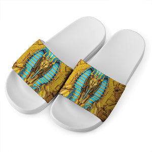 Golden Egyptian Pharaoh Print White Slide Sandals