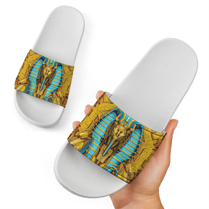 Golden Egyptian Pharaoh Print White Slide Sandals