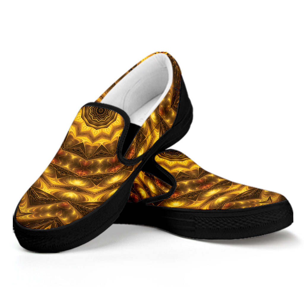 Golden Kaleidoscope Print Black Slip On Shoes