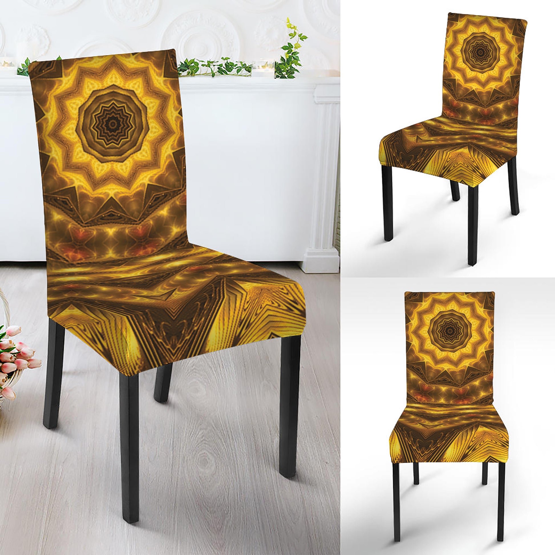 Golden Kaleidoscope Print Dining Chair Slipcover