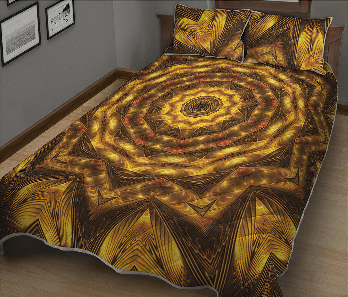Golden Kaleidoscope Print Quilt Bed Set