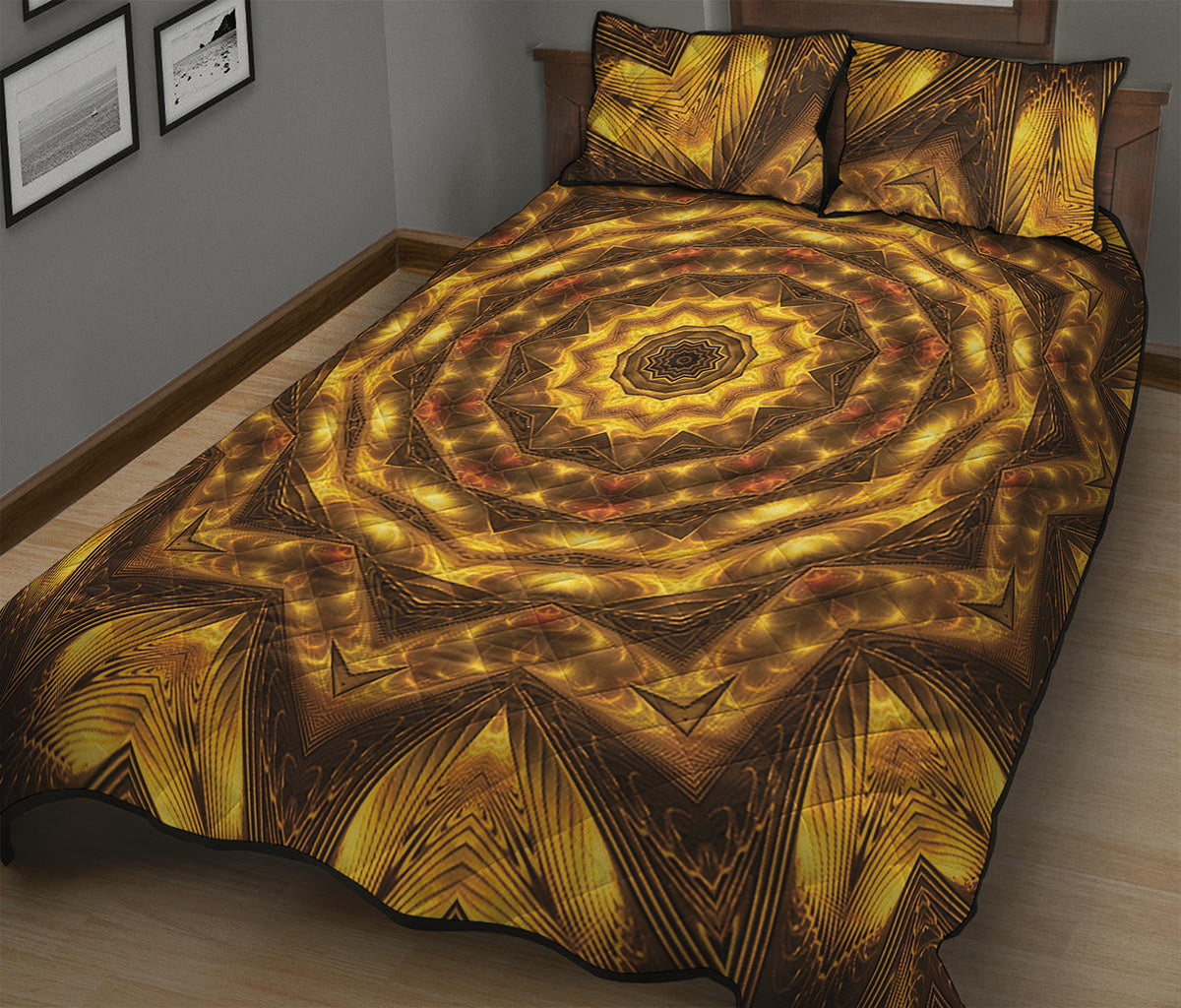 Golden Kaleidoscope Print Quilt Bed Set