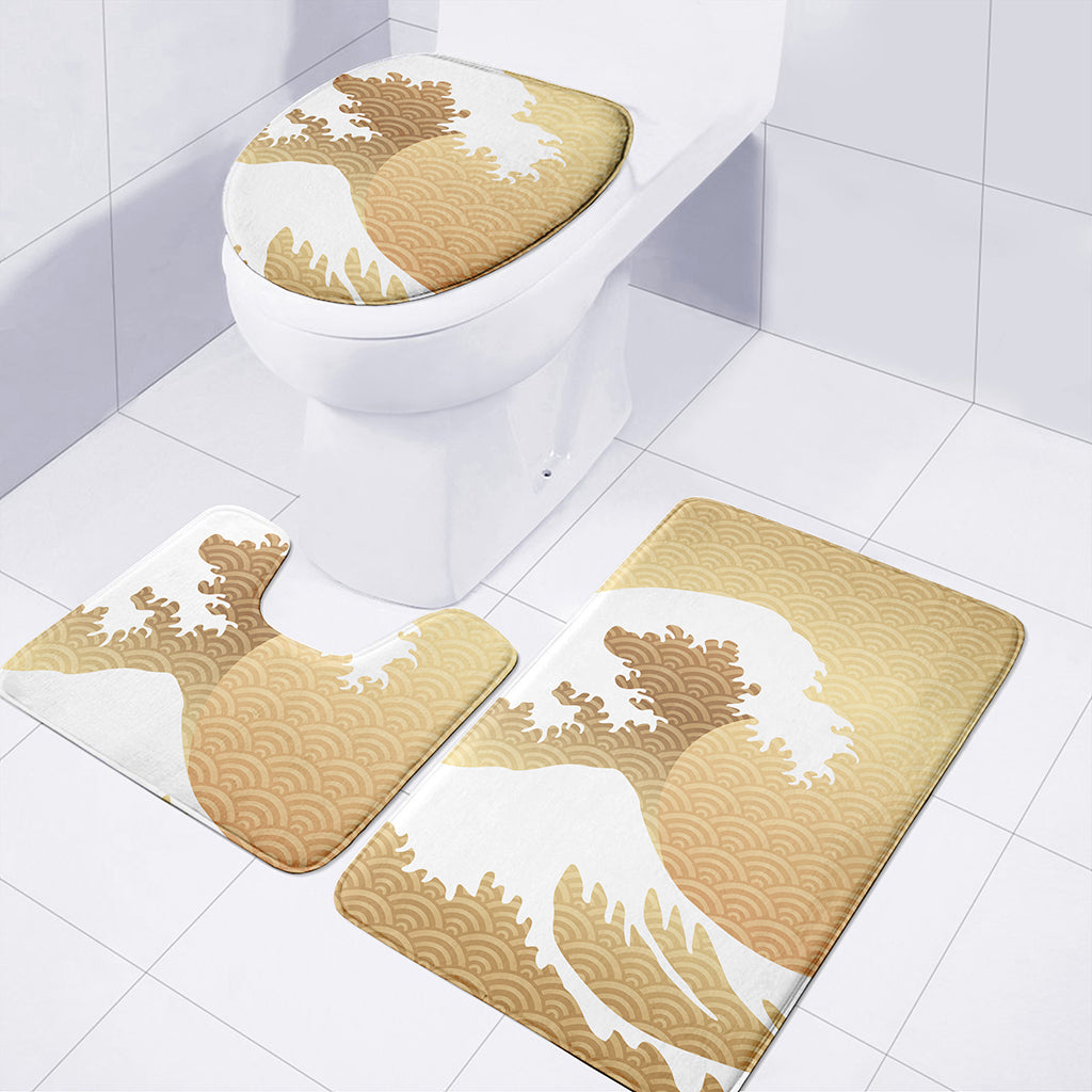 Golden Kanagawa Wave Print 3 Piece Bath Mat Set
