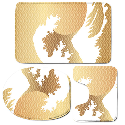 Golden Kanagawa Wave Print 3 Piece Bath Mat Set