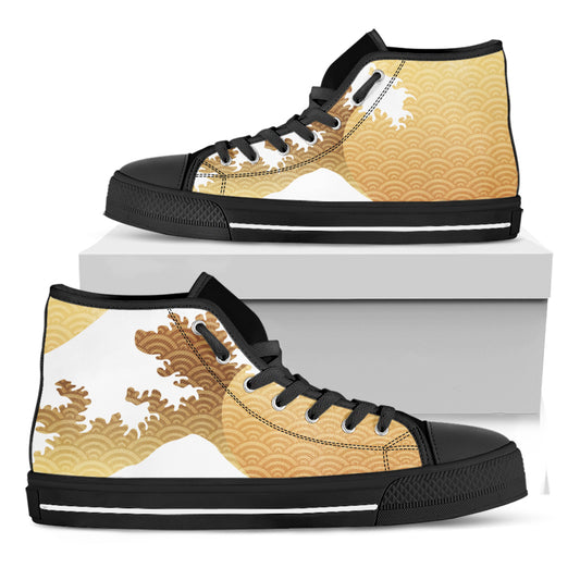 Golden Kanagawa Wave Print Black High Top Shoes