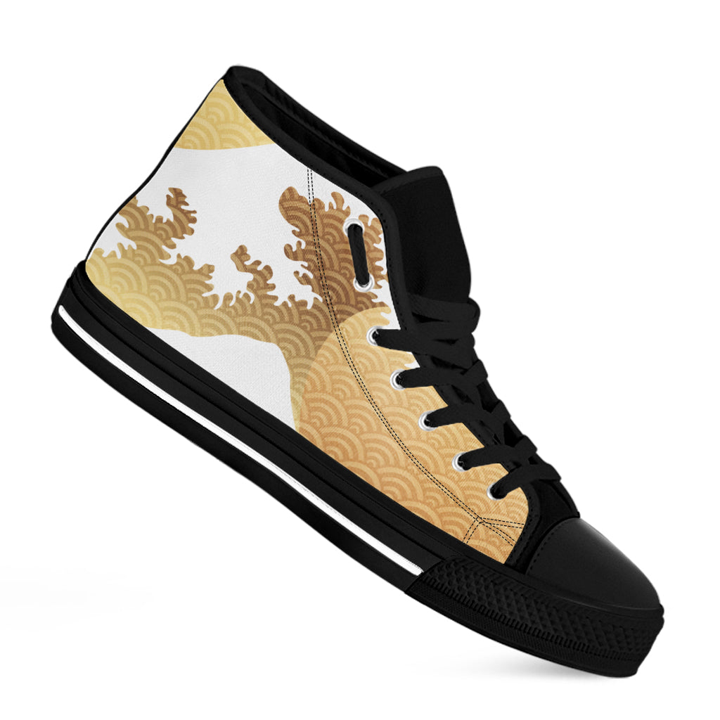Golden Kanagawa Wave Print Black High Top Shoes