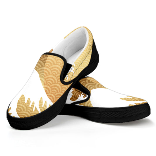 Golden Kanagawa Wave Print Black Slip On Shoes
