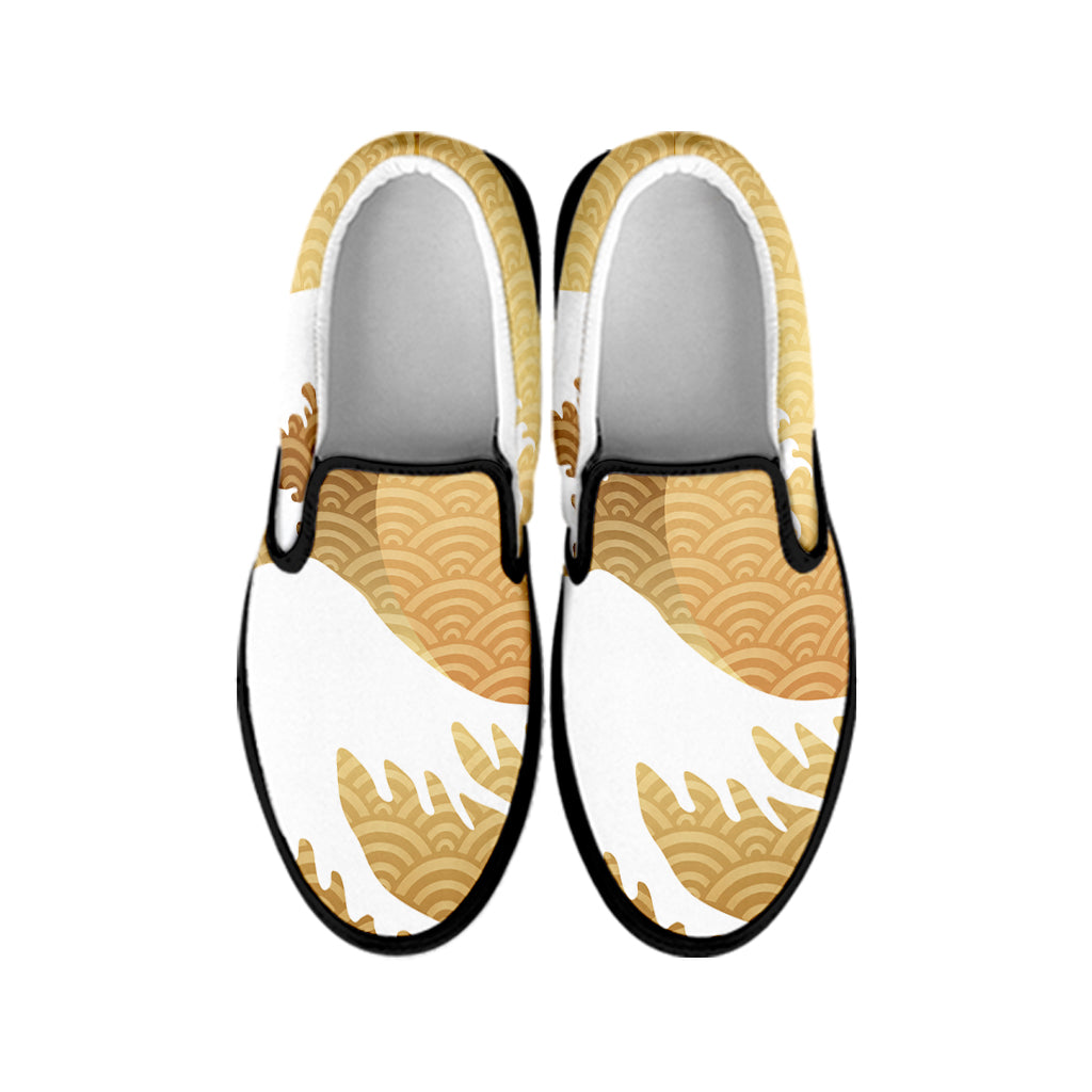 Golden Kanagawa Wave Print Black Slip On Shoes