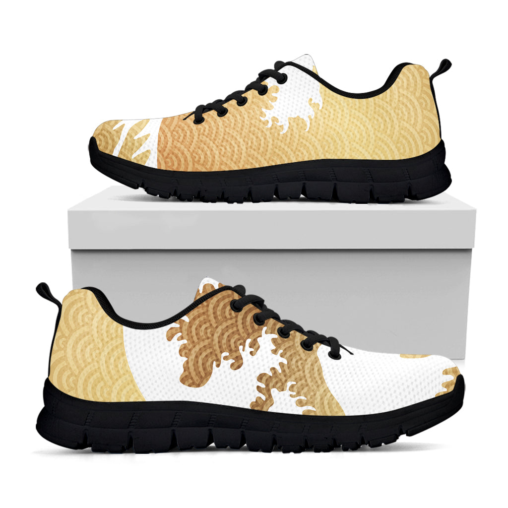 Golden Kanagawa Wave Print Black Sneakers