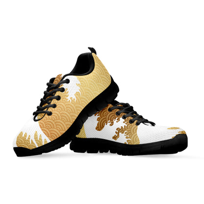 Golden Kanagawa Wave Print Black Sneakers