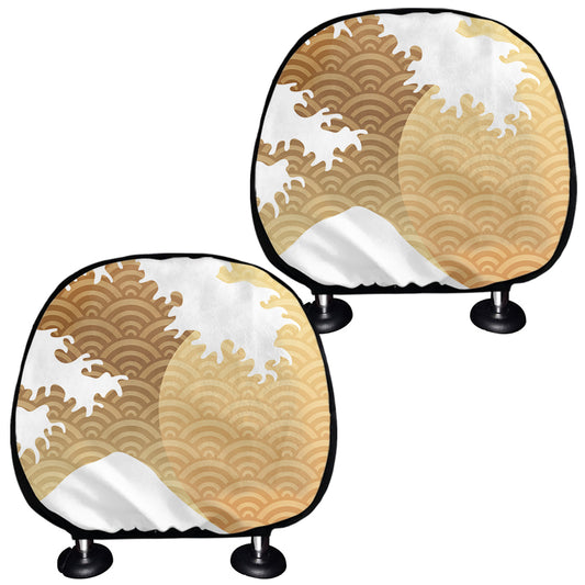 Golden Kanagawa Wave Print Car Headrest Covers