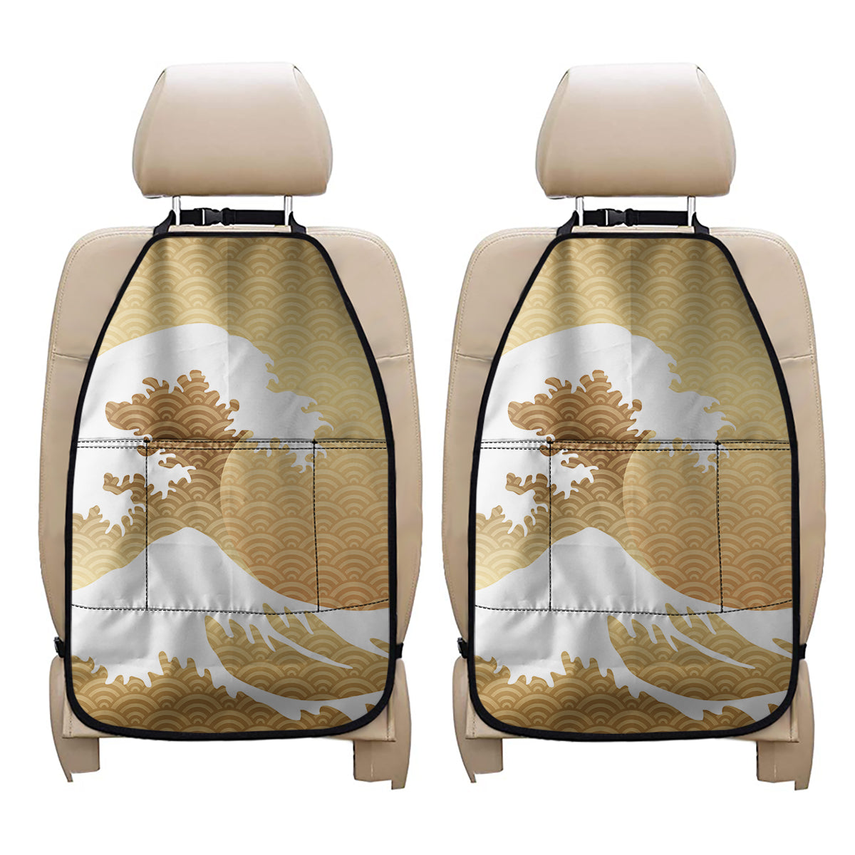 Golden Kanagawa Wave Print Car Seat Organizers