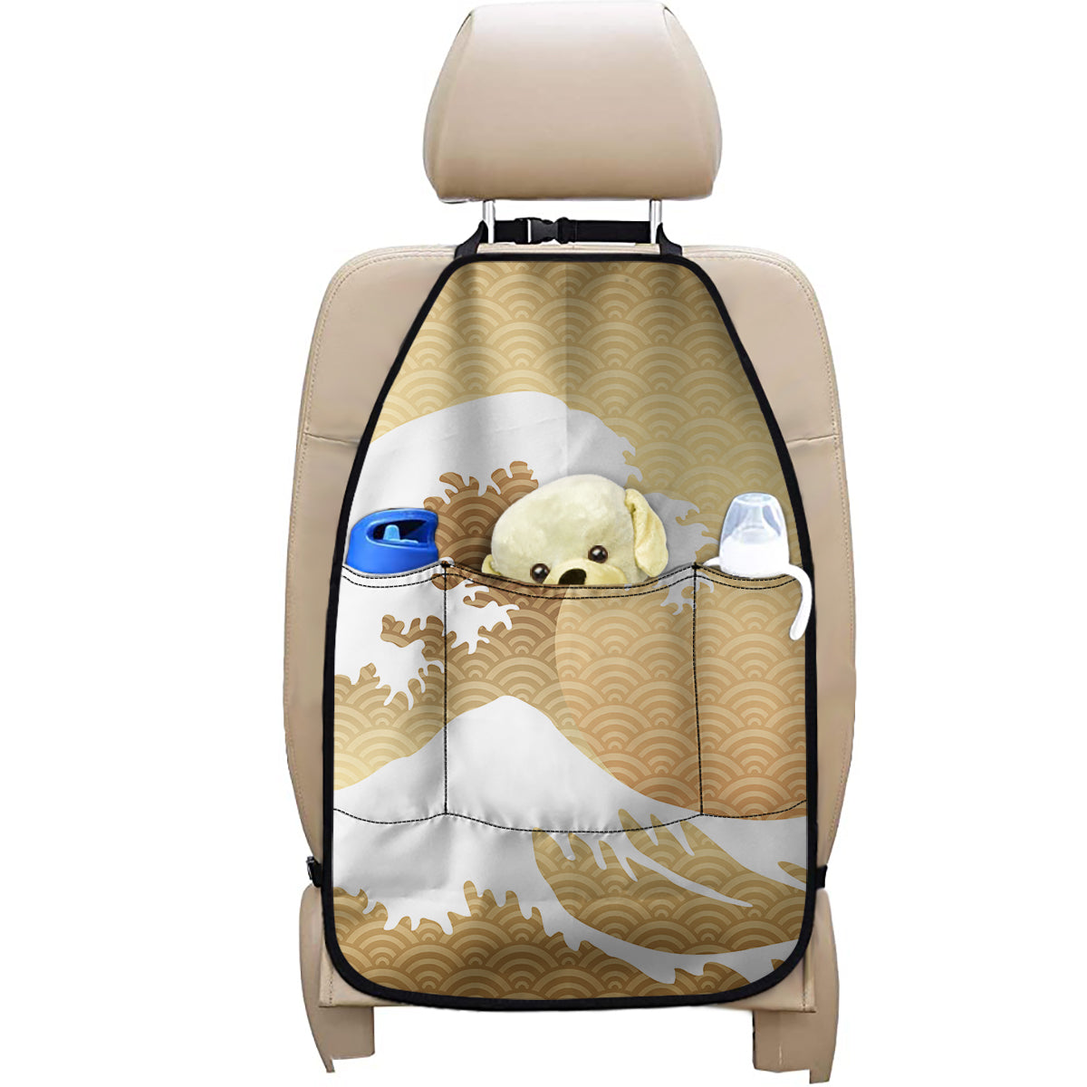 Golden Kanagawa Wave Print Car Seat Organizers