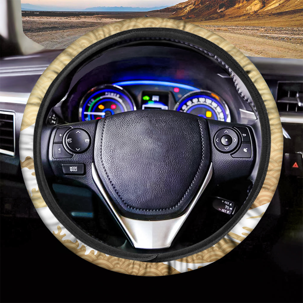 Golden Kanagawa Wave Print Car Steering Wheel Cover