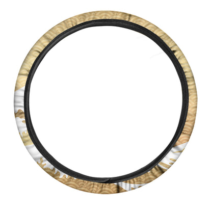 Golden Kanagawa Wave Print Car Steering Wheel Cover