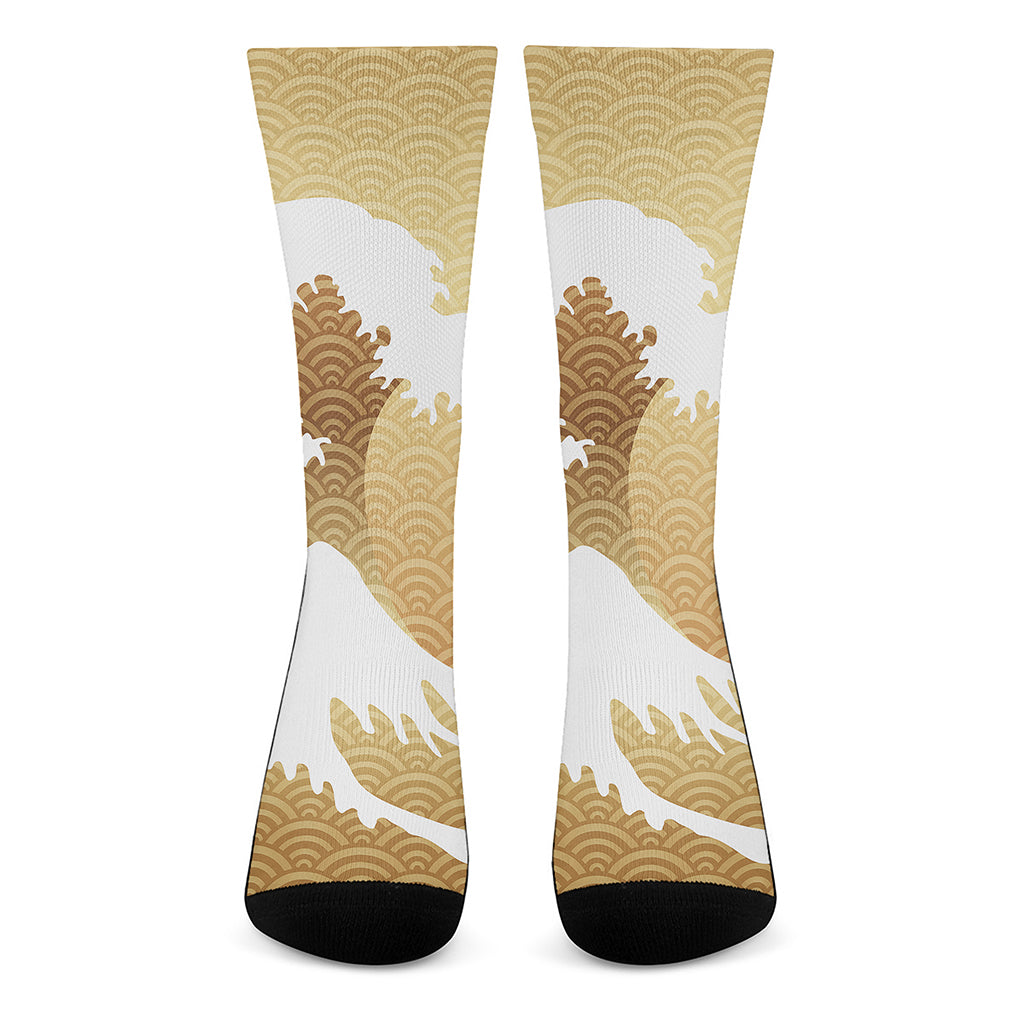 Golden Kanagawa Wave Print Crew Socks