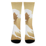 Golden Kanagawa Wave Print Crew Socks