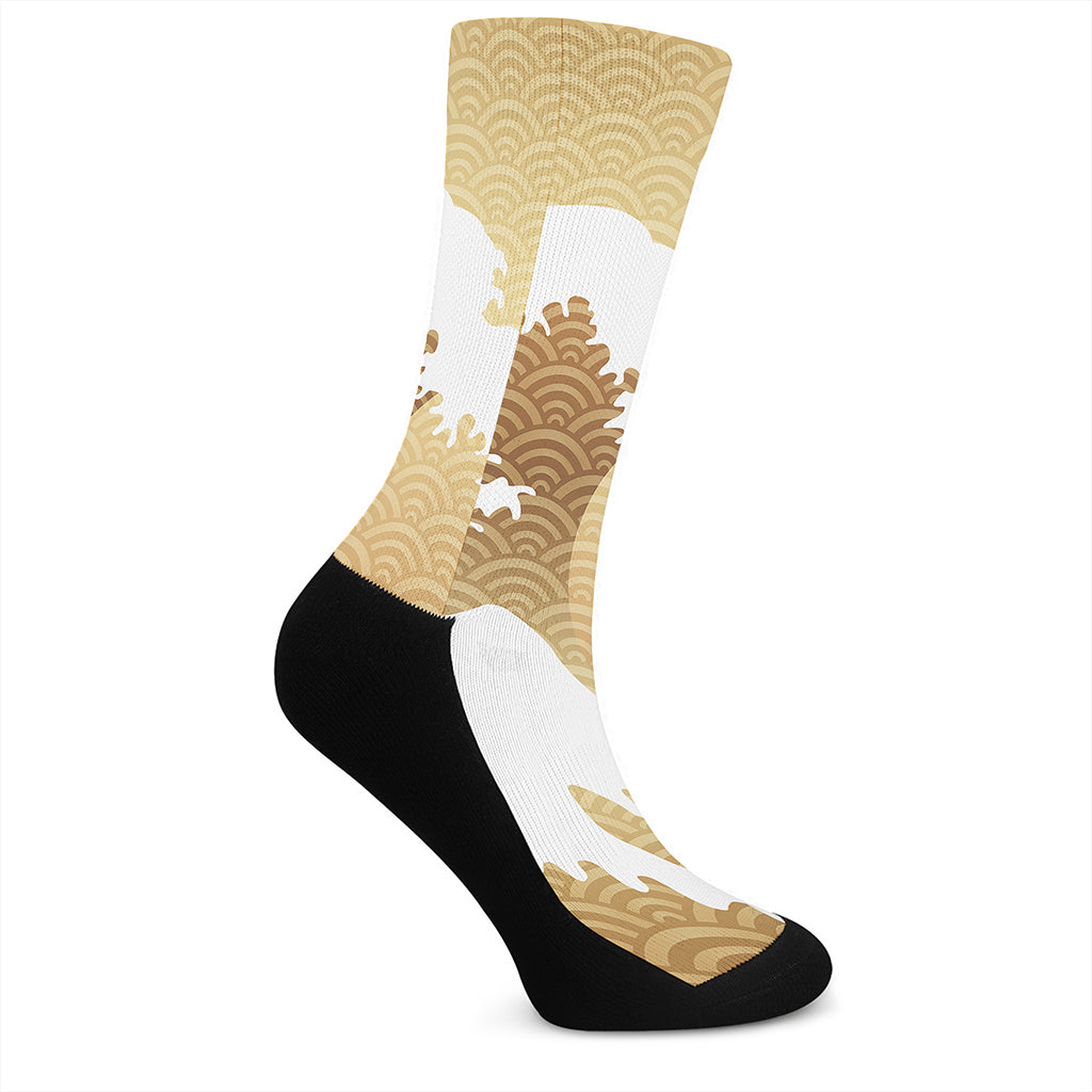 Golden Kanagawa Wave Print Crew Socks